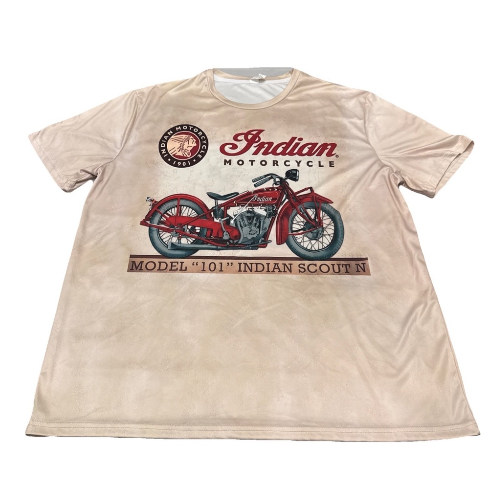 Indian Motorcycle 101 Scout N Graphic T-Shirt XXL Tan All Over Print Biker Tee‎